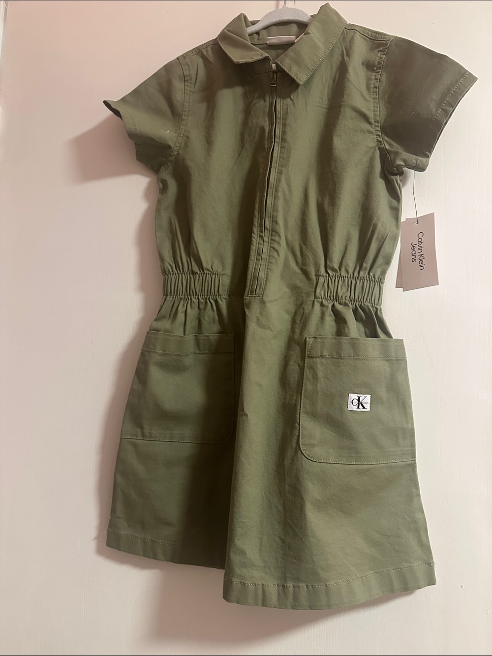 Calvin Klein Girls' Olive Utility Zip-Front Dress size 8/10. Nwt